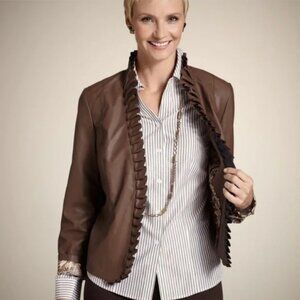 Chico's Brown Open Ruffle Front Faux Leather Jacket Blazer - LNC
